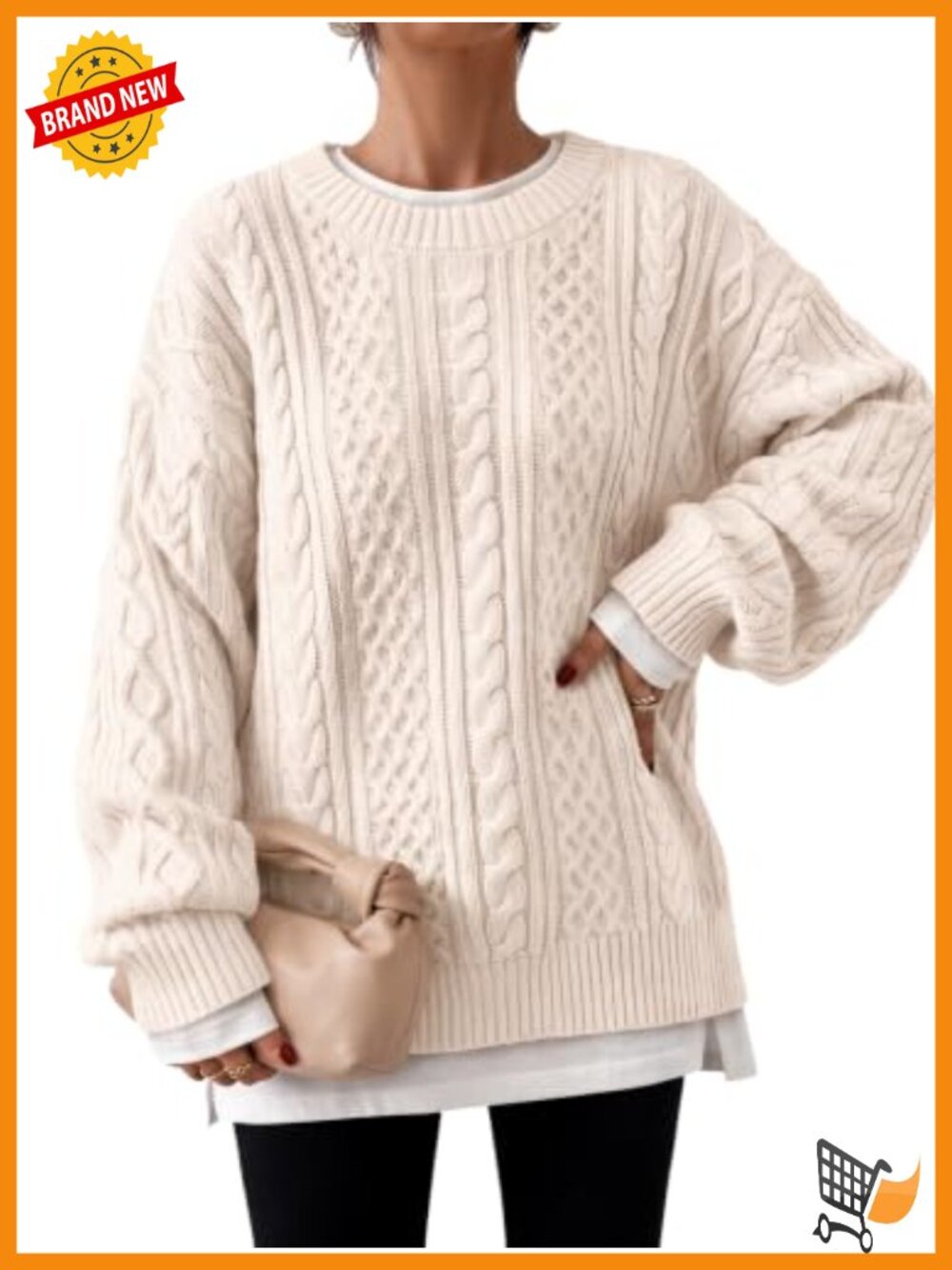 Oversized Cable Knit Chunky Pullover Sweater Cotton Blend Crew Neck